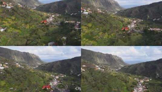 拉戈梅拉岛上山谷埃莫索山村的鸟瞰图高清在线视频素材下载