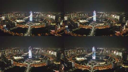 河南郑州会展中心夜景航拍高清在线视频素材下载