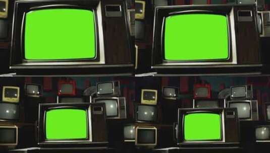 复古电视墙中带有绿屏的旧电视机。多莉出局。高清在线视频素材下载