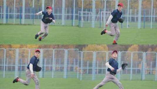 学校棒球锦标赛男孩投手奔跑并成功地在手套里接住了一个快球高清在线视频素材下载