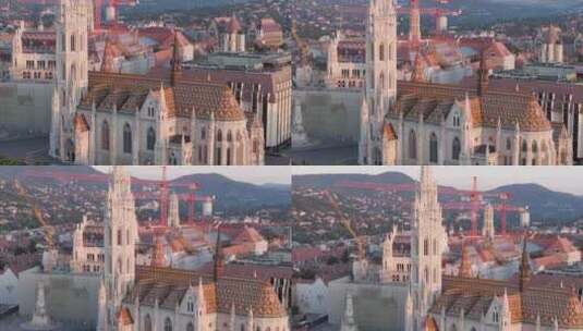 航拍匈牙利布达佩斯马蒂亚斯教堂多瑙河日出高清在线视频素材下载