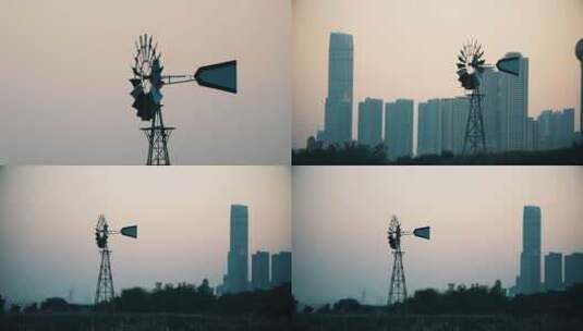 城市江滩大风车高清在线视频素材下载