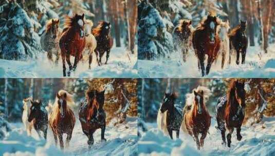 黑马野马群骏马奔跑户外棕色野生动物白雪地高清在线视频素材下载