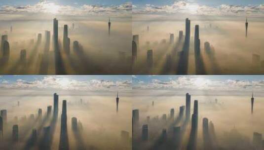 【4k素材】广州平流雾日出间隙光航拍高清在线视频素材下载