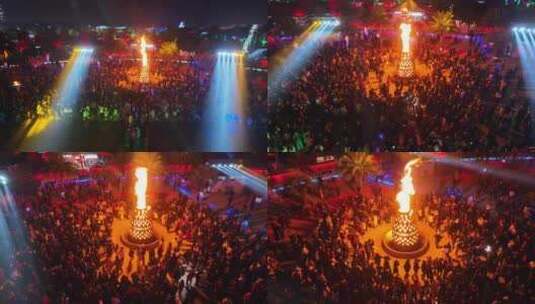 春节过年庙会人群围绕篝火载歌载舞庆祝新年高清在线视频素材下载