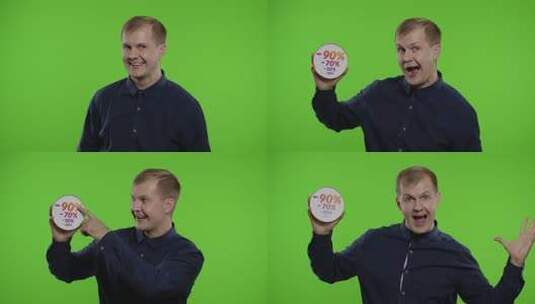 男人显示出巨大的购买折扣百分比，黑色星期高清在线视频素材下载