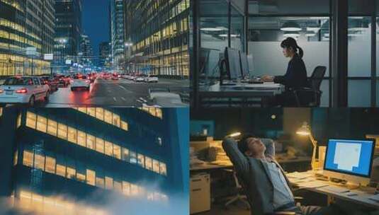 加班熬夜通宵工作疲惫办公楼夜景高清在线视频素材下载