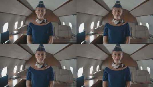 私人飞机舱内空姐的肖像高清在线视频素材下载