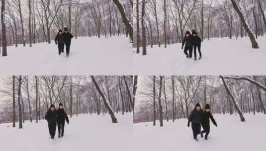 两个人一起在雪地里奔跑高清在线视频素材下载