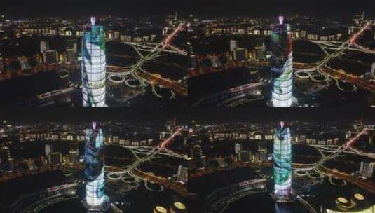 航拍郑州会展中心千禧广场大玉米夜景灯光秀高清在线视频素材下载