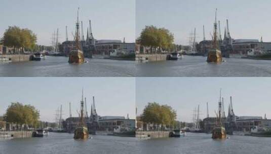 模仿海盗船在码头航行高清在线视频素材下载