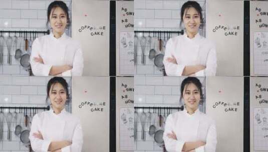 年轻女性烘培师在厨房休息高清在线视频素材下载