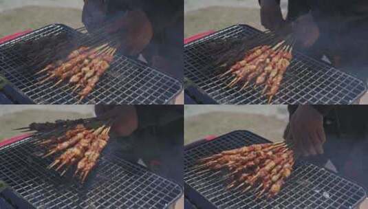 特写户外烤美味的肉串高清在线视频素材下载