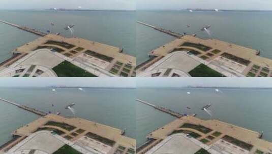 天津塘沽海港码头游人海边放风筝高清在线视频素材下载