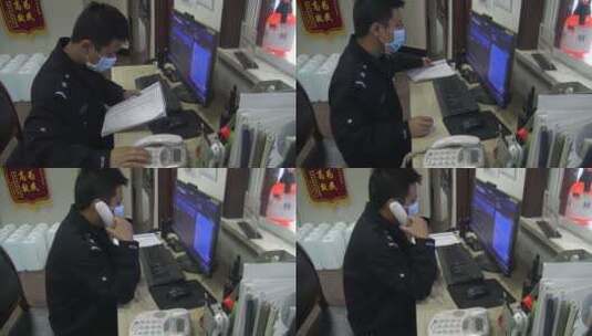疫情武汉封城 执勤警察办公内景 电话沟通高清在线视频素材下载