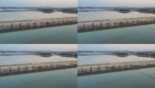 江苏省南京市石臼湖特大桥地铁日落航拍高清在线视频素材下载