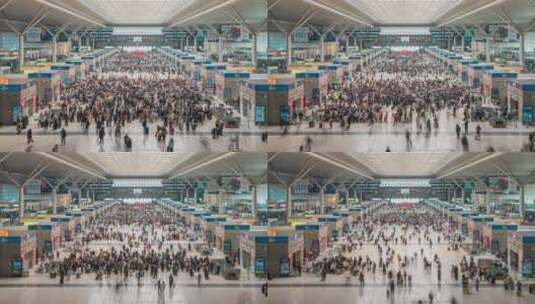 郑州东站候车室春运人流延时摄影高清在线视频素材下载