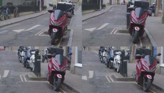 街道上停放的摩托车特写高清在线视频素材下载