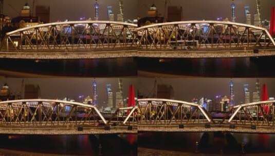 航拍上海东方明珠外白渡桥夜景灯光城市高清在线视频素材下载
