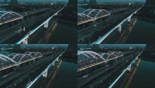 航拍西安浐灞广运大桥地铁夜景高清在线视频素材下载