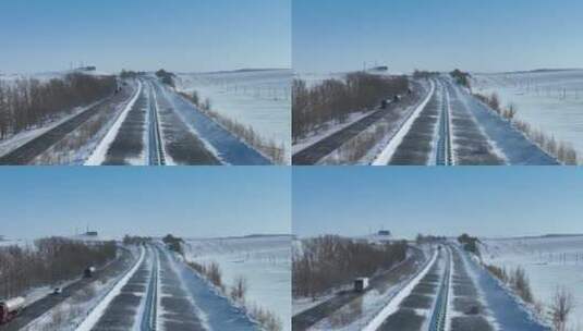 高速公路国道行驶的汽车风吹雪白毛风高清在线视频素材下载