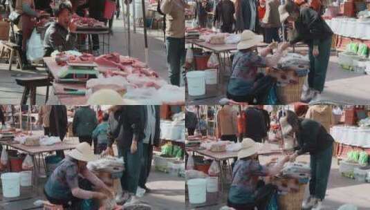 云南乡村赶集路边卖猪肉摊贩高清在线视频素材下载