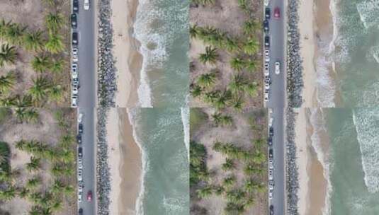 海边公路沙滩海浪椰树林航拍俯瞰高清在线视频素材下载