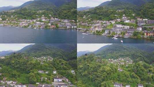 瑞士马焦雷湖上一个城镇村庄的无人机视图高清在线视频素材下载