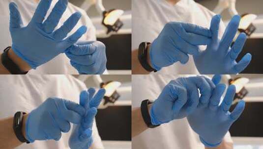 外科医生戴上蓝色医用手套高清在线视频素材下载