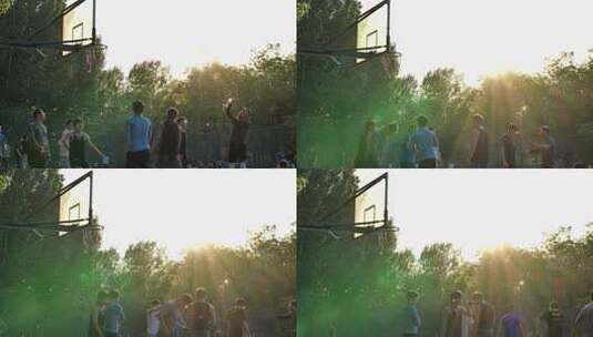 阳光下一群阳光快乐健康的年轻人在打篮球高清在线视频素材下载