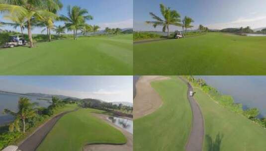 穿越机 高尔夫 草坪 椰子树  车 跟车三 3高清在线视频素材下载