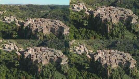 空中倾斜：无人机在卡尔卡塔韦基亚上空飞行，卡尔卡塔韦基亚是一个典型的意大利中世纪城镇高清在线视频素材下载