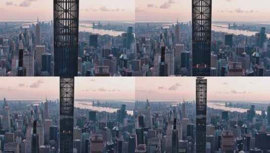 城市航拍纽约曼哈顿施坦威大厦哈德逊河日出高清在线视频素材下载