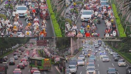 电动车大军堵车南宁汽车车流行驶上班高峰期高清在线视频素材下载