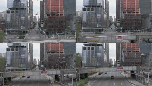 城市航拍纽约曼哈顿汽车街道立交桥鸽子飞翔高清在线视频素材下载