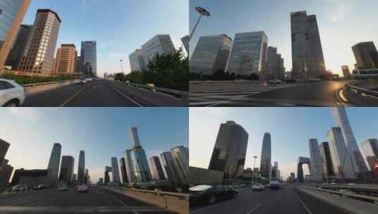 开车行驶在北京国贸CBD城市地标建筑高清在线视频素材下载