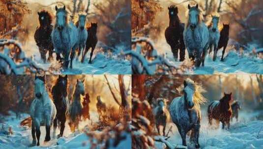 冬季雪地野马自然森林雪景奔跑特写镜头雪景高清在线视频素材下载