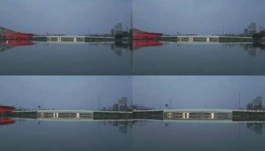 新川之心公园 新川网红桥公园桥湖湖面高清在线视频素材下载