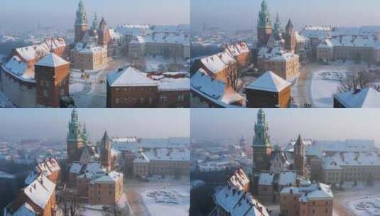 波兰克拉科夫，魔法早晨白雪覆盖的瓦维尔城高清在线视频素材下载