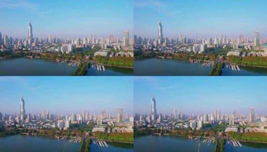 中国南京玄武湖城市天际线航拍风光高清在线视频素材下载