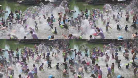 成都黄龙溪古镇夏季游客泼水玩水降温高清在线视频素材下载