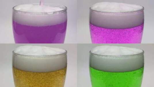 各种颜色的气泡饮品在杯子里展示泡沫气泡高清在线视频素材下载