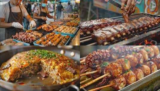 城市夜景夜市烧烤小吃美食街夜生活小吃ai高清在线视频素材下载