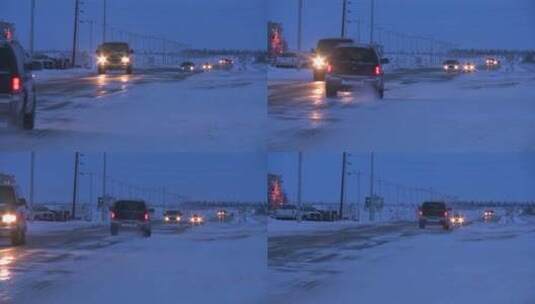 车辆在有积雪的道路行驶高清在线视频素材下载