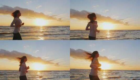 日出在海边慢跑的女人高清在线视频素材下载
