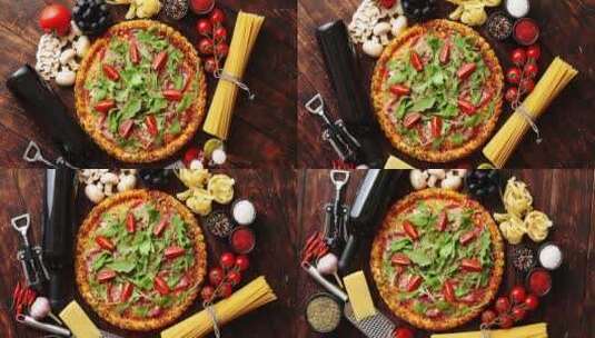 披萨饼意大利面和蔬菜的俯拍镜头高清在线视频素材下载