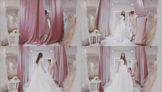 试穿婚纱的新娘高清在线视频素材下载