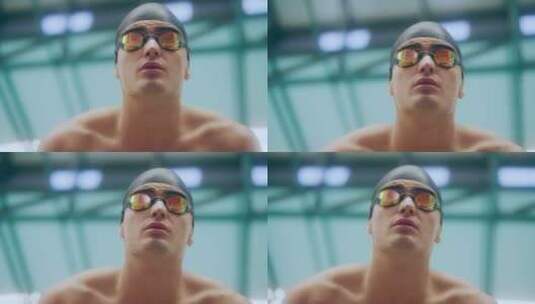 游泳运动员抬头的特写镜头高清在线视频素材下载