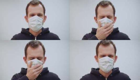 带着口罩的男人在咳嗽高清在线视频素材下载
