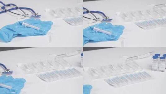 一张装有新冠肺炎疫苗医疗物品的桌子高清在线视频素材下载
